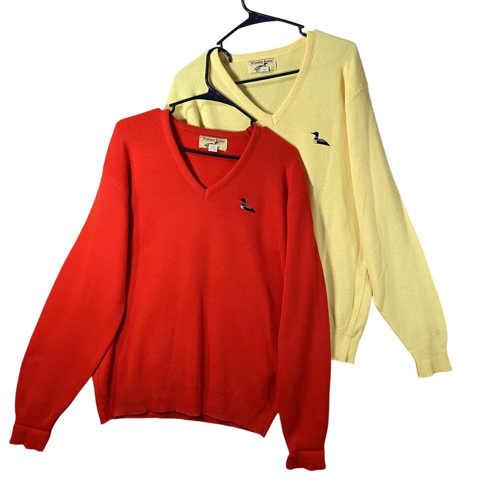 Vintage Winona Knits V Neck Pullover Sweater Yellow Red Duck USA Mens Large Tall